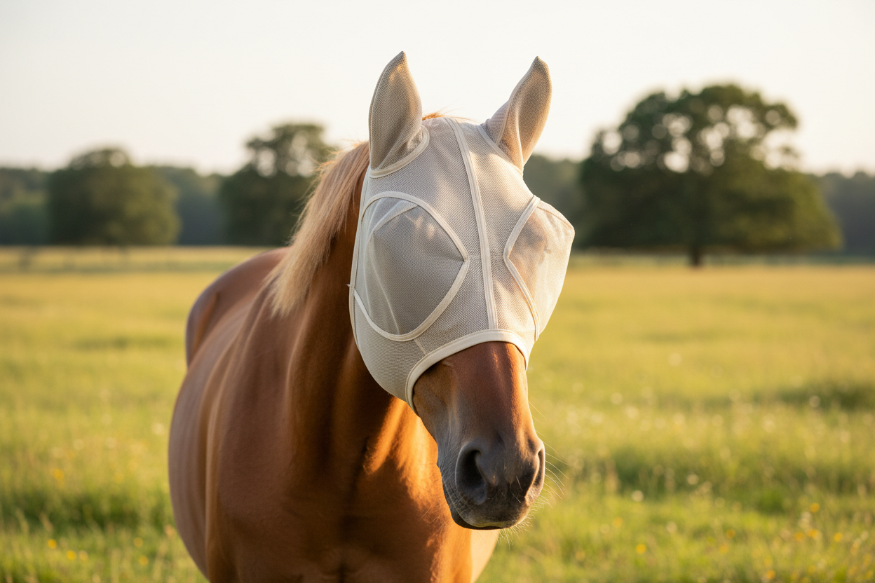 Pferd mit Fliegenmaske auf der Weide im Sommer