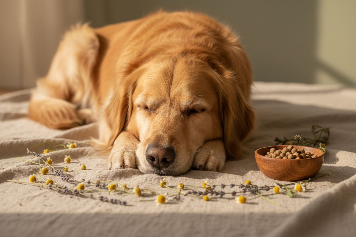 Hund liegt entspannt auf Hundebett – natürliche Beruhigung bei Stress