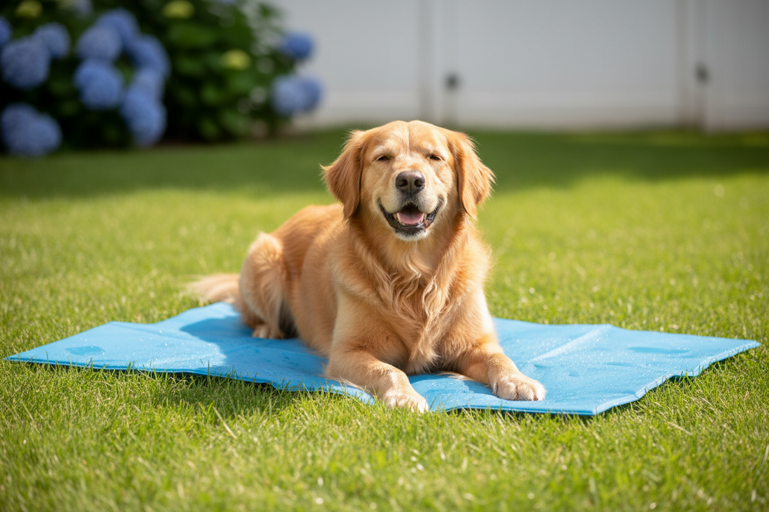 Hund liegt entspannt auf Kühlmatte im Sommer – Kühldecke Hund Vergleich