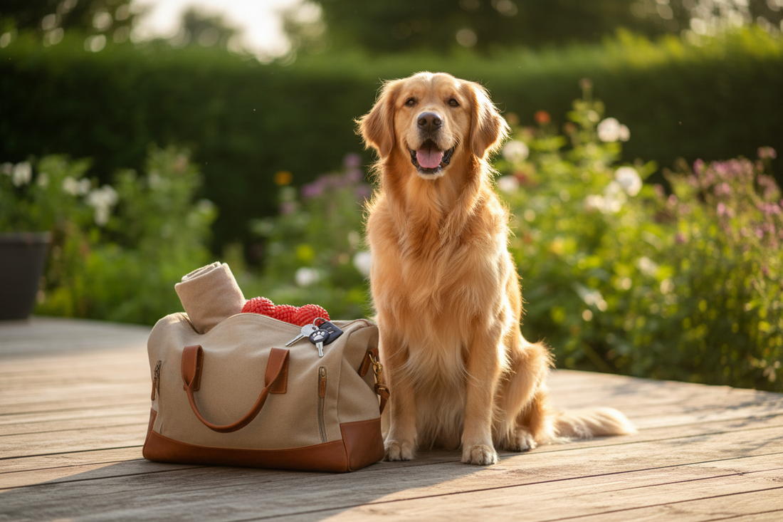 Hund sitzt neben Reisegepäck und Autoschlüssel – bereit für den Urlaub