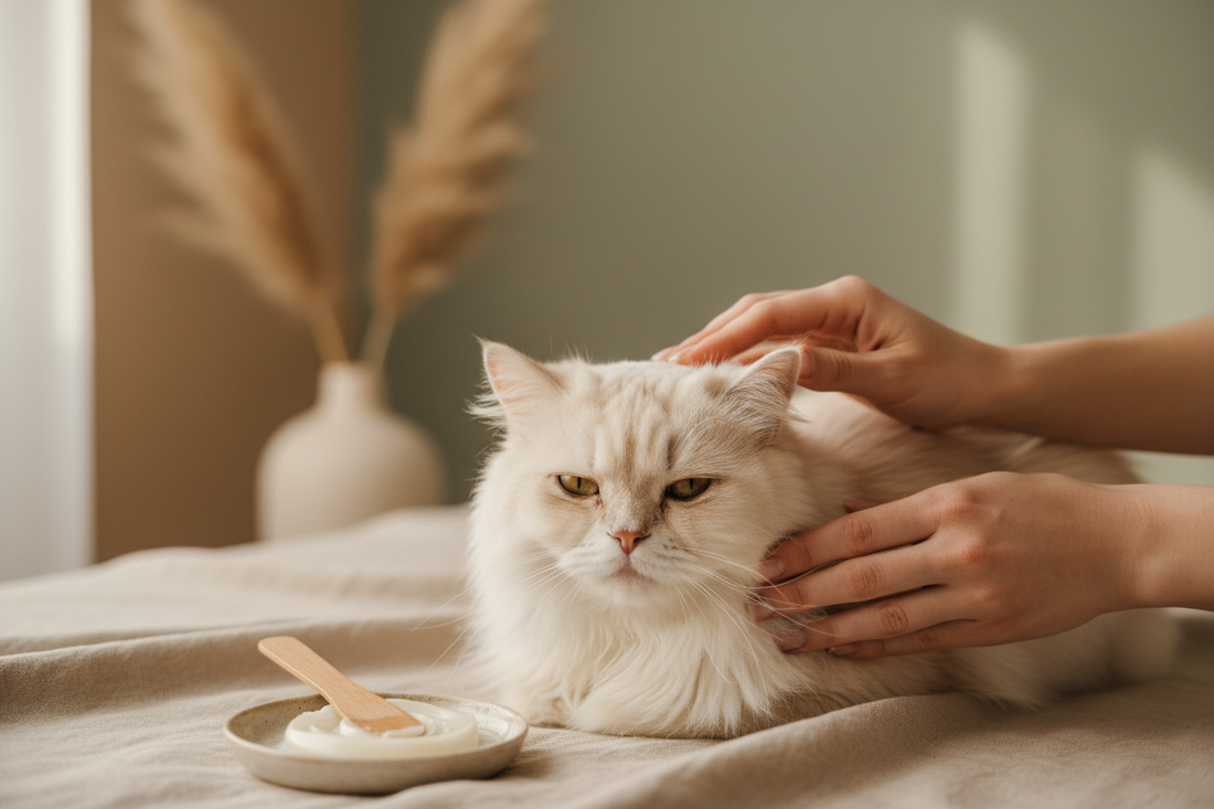 Katze liegt entspannt auf einer Decke – Wundpflege und Narbenpflege bei Katzen