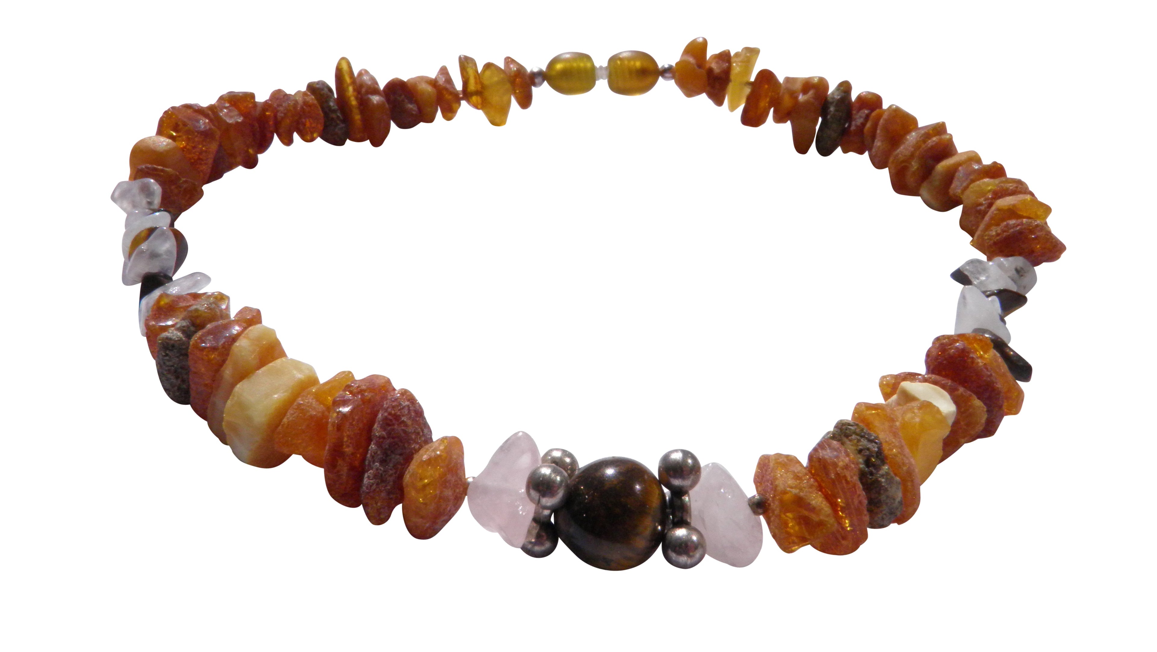 Bernsteinkette für den Hund mit Rosenquarz und Tigerauge Länge 31cm - TierVita