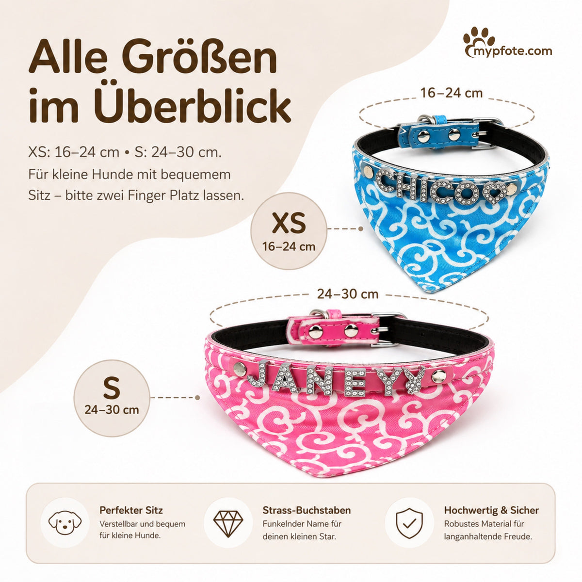 Hundehalstuch mit Namen und Hundehalsband aus echtem Leder. Besetzt mit glitzer Strass-Buchstaben
