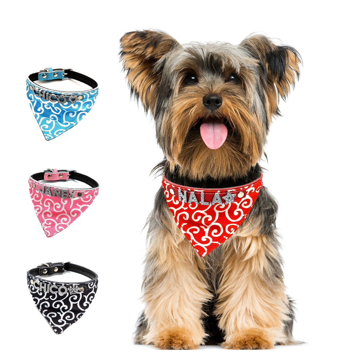 Hundehalstuch mit Namen und Hundehalsband aus echtem Leder. Besetzt mit glitzer Strass-Buchstaben