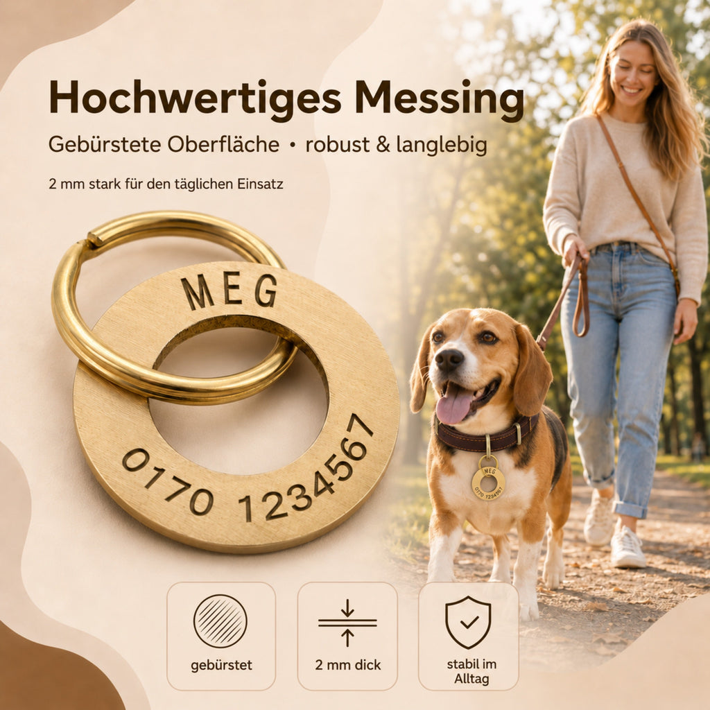 Ringförmige Hundemarke mit Gravur Messing gebürstet, 30mm