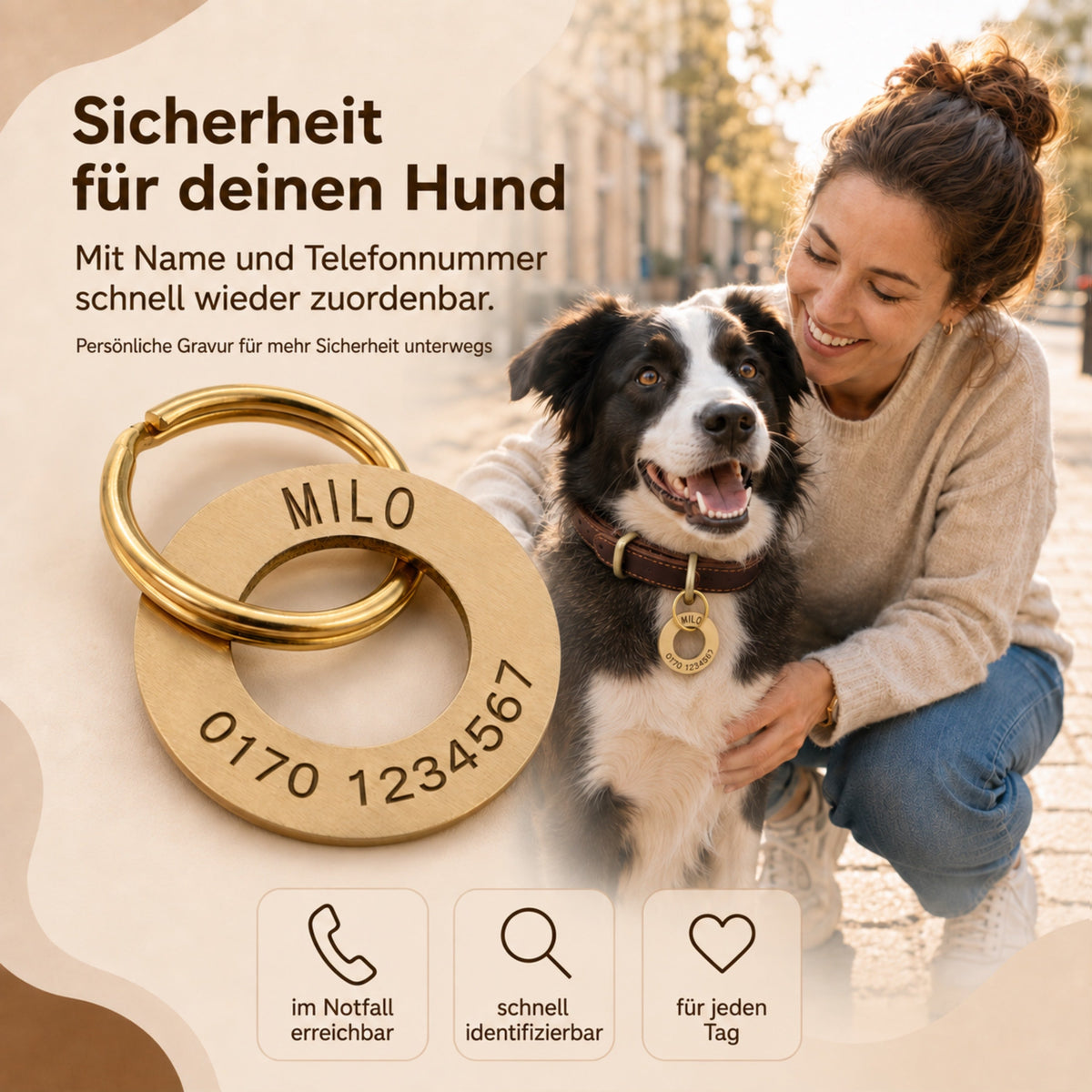 Ringförmige Hundemarke mit Gravur Messing gebürstet, 30mm