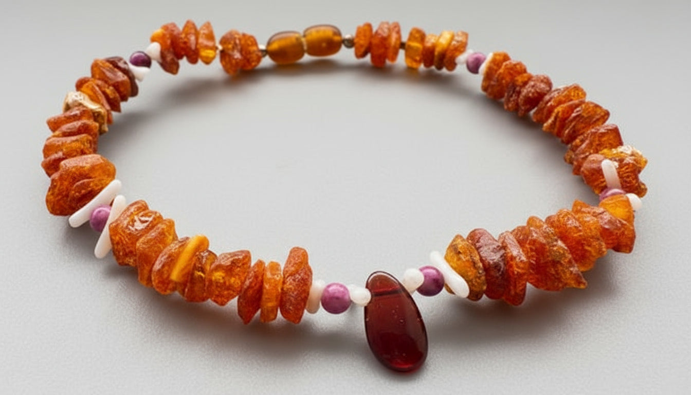 Bernsteinkette für den Hund mit Sugilith und Koralle Länge 25cm - TierVita