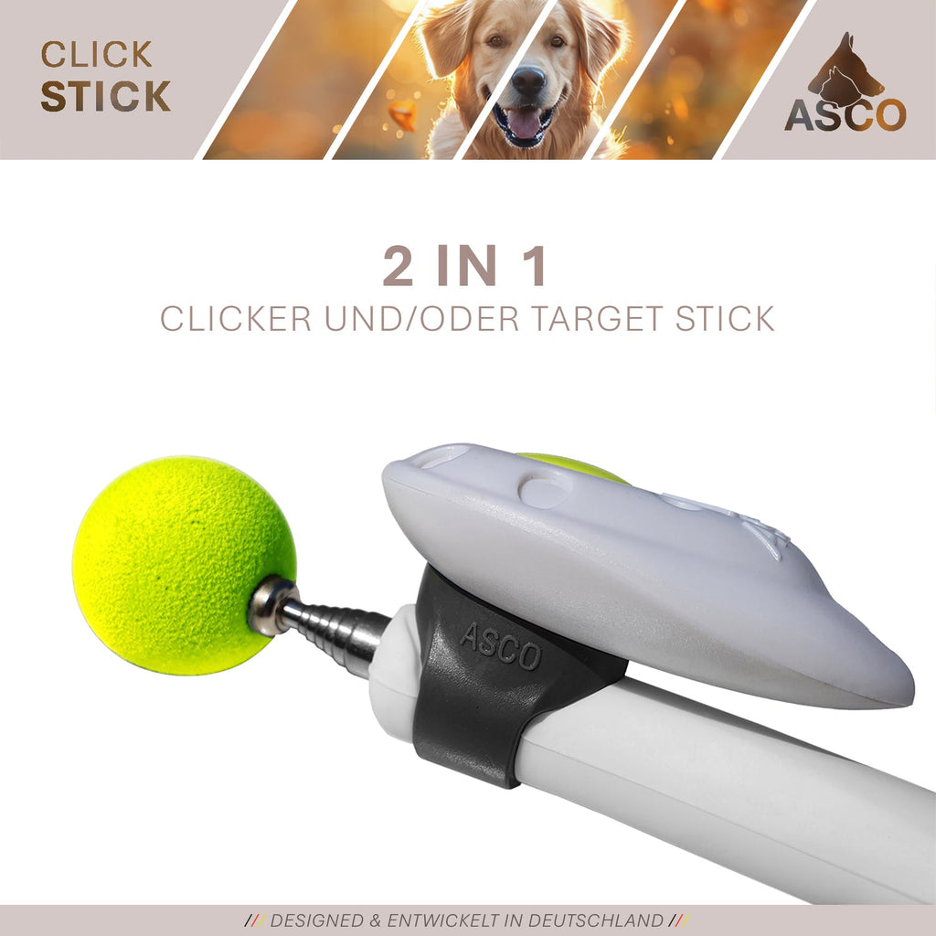 ASCO ClickStick - Target Stick mit abnehmbarem Premium Clicker - Target Stab für Hunde Katzen Clickertraining - Targetstick ausziehbar mit extra Klicker - Targetstab für Target-Training - TierVita