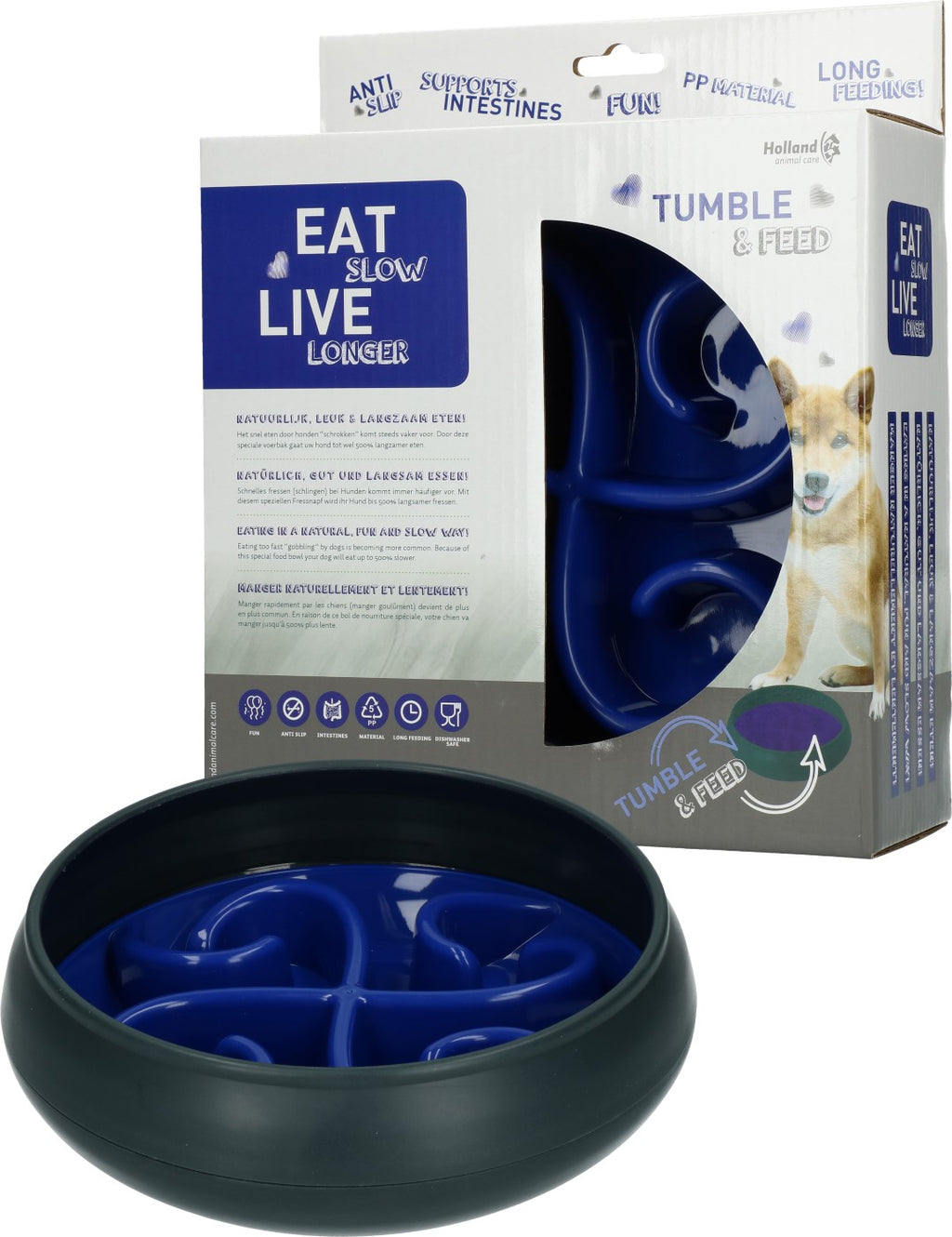 Eat Slow Live Longer Tumble Feeder Blau