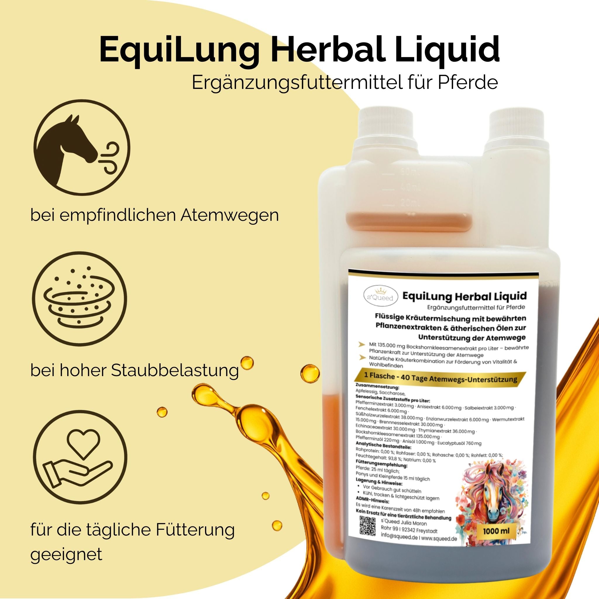 Vorteilspaket 3 × EquiLung Herbal Liquid – Flüssiges Ergänzungsfuttermittel für Pferde bei beanspruchten Atemwegen - TierVita