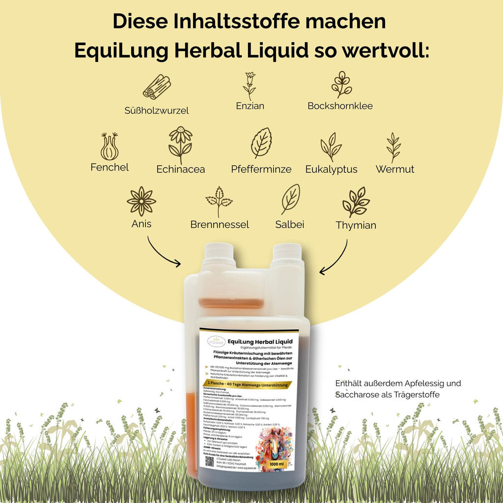 EquiLung Herbal Liquid 1000ml – flüssiges Ergänzungsfuttermittel zur Unterstützung der Atemwege bei Pferden - TierVita