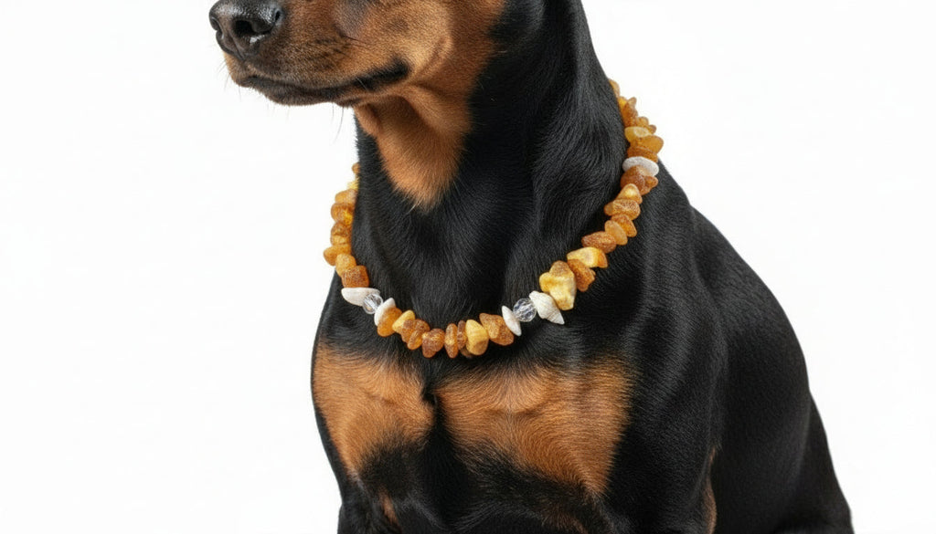Bernsteinkette für den Hund mit Swari und Muscheln Länge 23 cm - TierVita