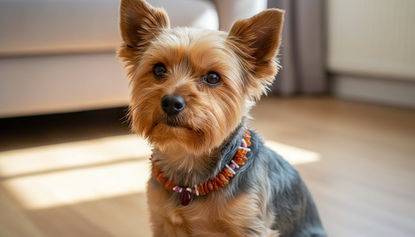 Bernsteinkette für den Hund mit Sugilith und Koralle Länge 25cm - TierVita