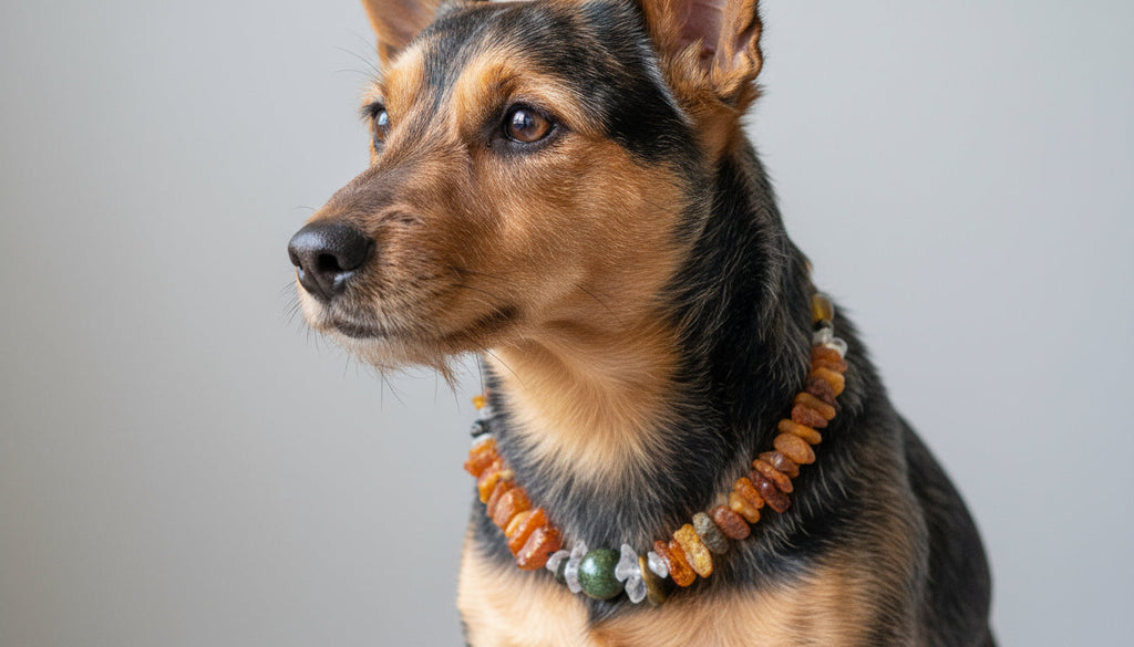 Hunde Bernsteinkette mit Bergkristall und Tigerauge 31cm Länge - TierVita