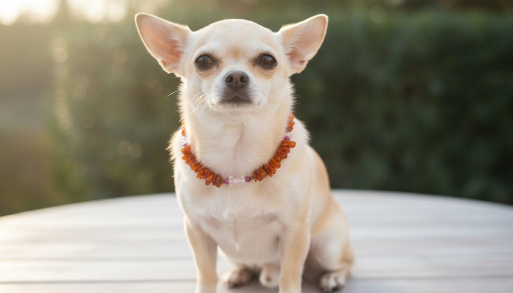 Amberdog® Bernsteinkette mit Sugilith & Rosenquarz – Handgefertigtes Einzelstück für Hunde (29 cm) - TierVita