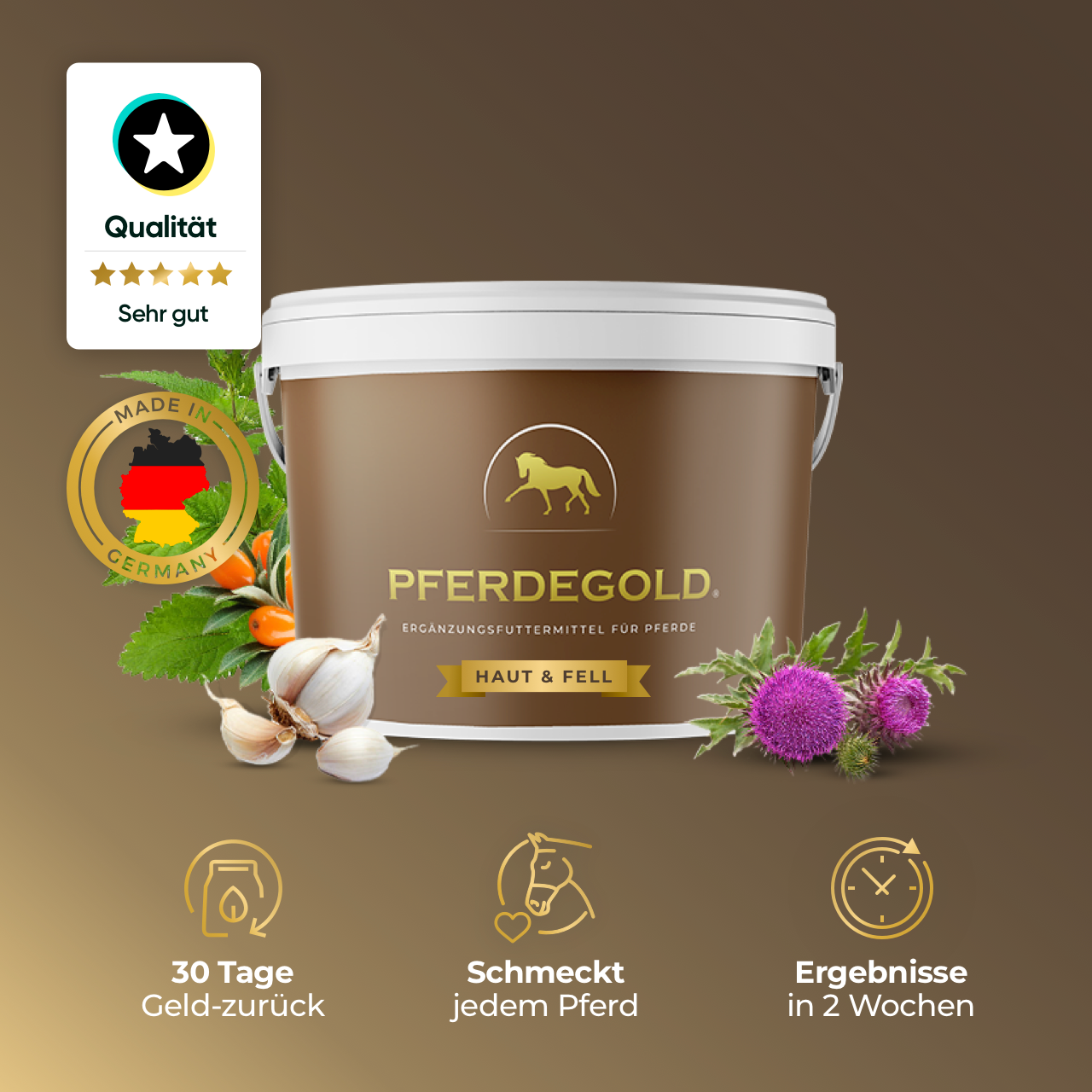Pferdegold® Haut & Fell – Ergänzungsfutter für Fell & Haut des Pferdes mit Biotin & Zink