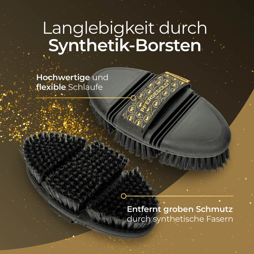 Pferdegold® Kardätsche – Pferdebürste mit Synthetik-Borsten & Handschlaufe