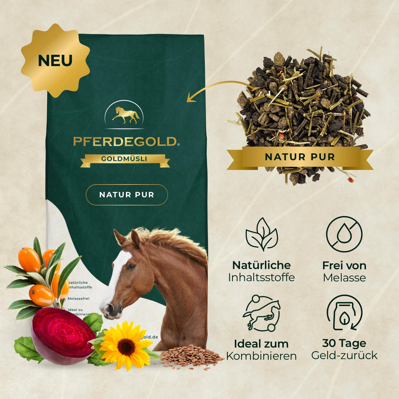 Pferdegold® Goldmüsli® Natur Pur – Getreidefreies Müsli für Pferde jeden Alters