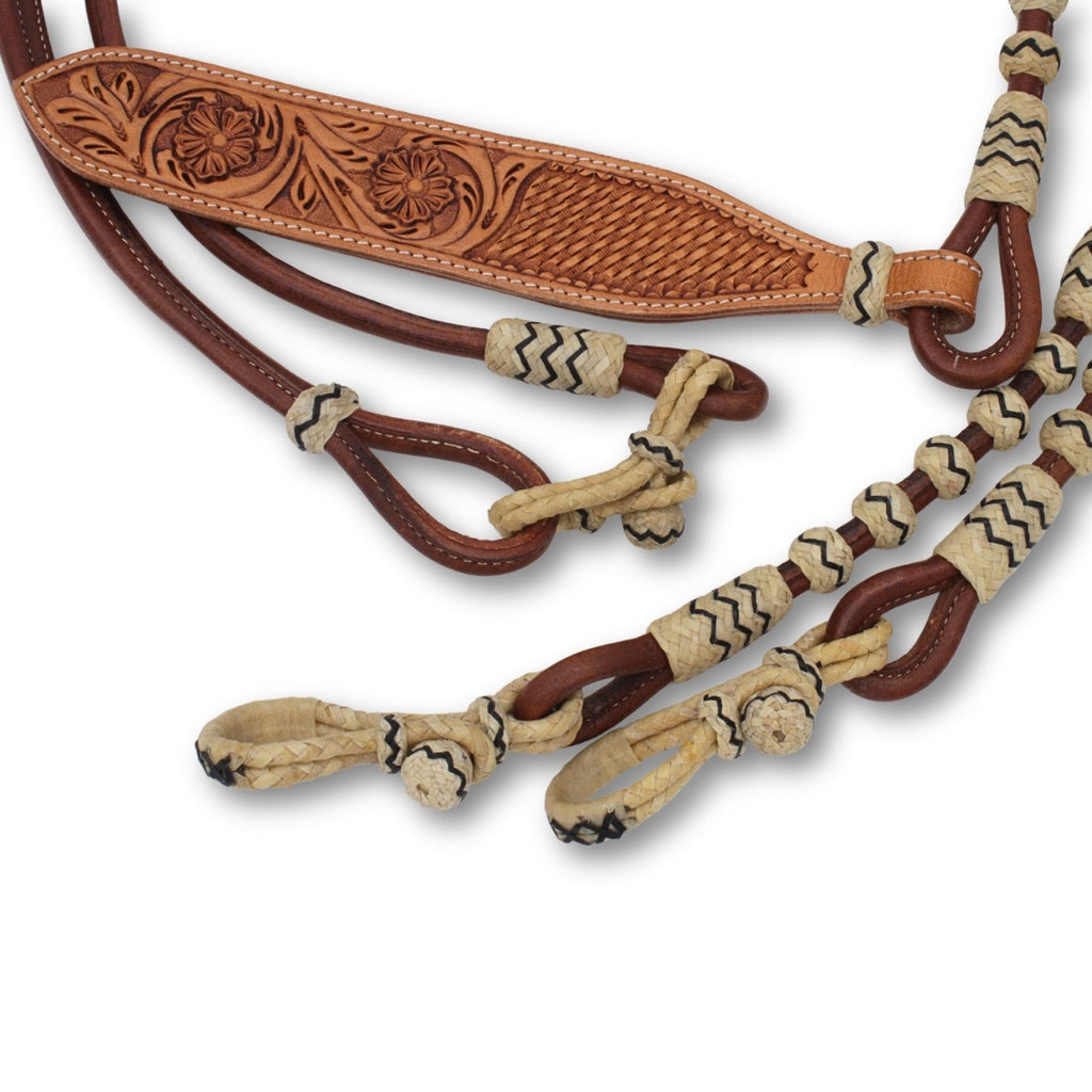 Chestnut Leder Romal Reins mit Rohhaut und Lederklatsche, verziert, rund genäht,