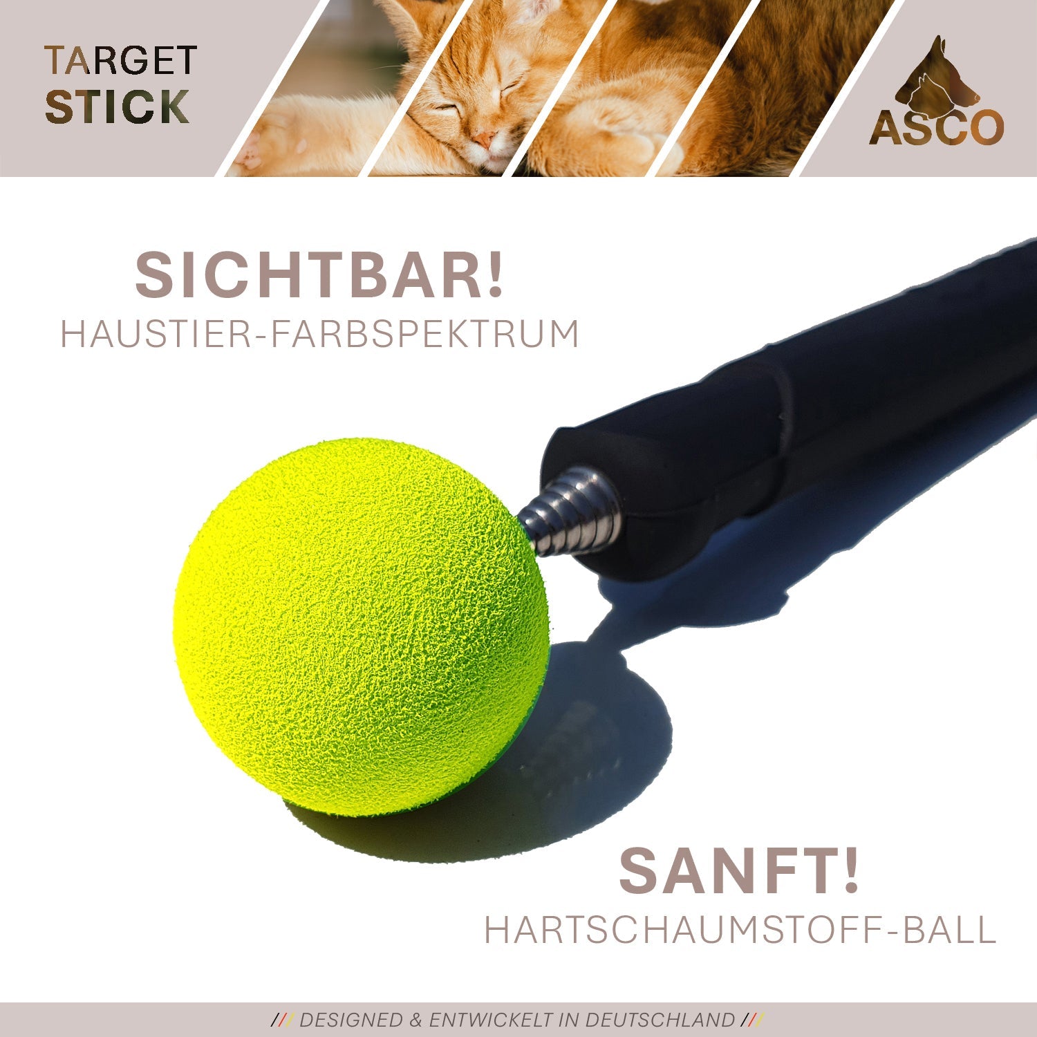 ASCO Target Stick - Target Stab für Hunde Katzen Targettraining - Targetstick ausziehbar mit Softball - Edelstahl Targetstab mit Teleskopfunktion - TierVita
