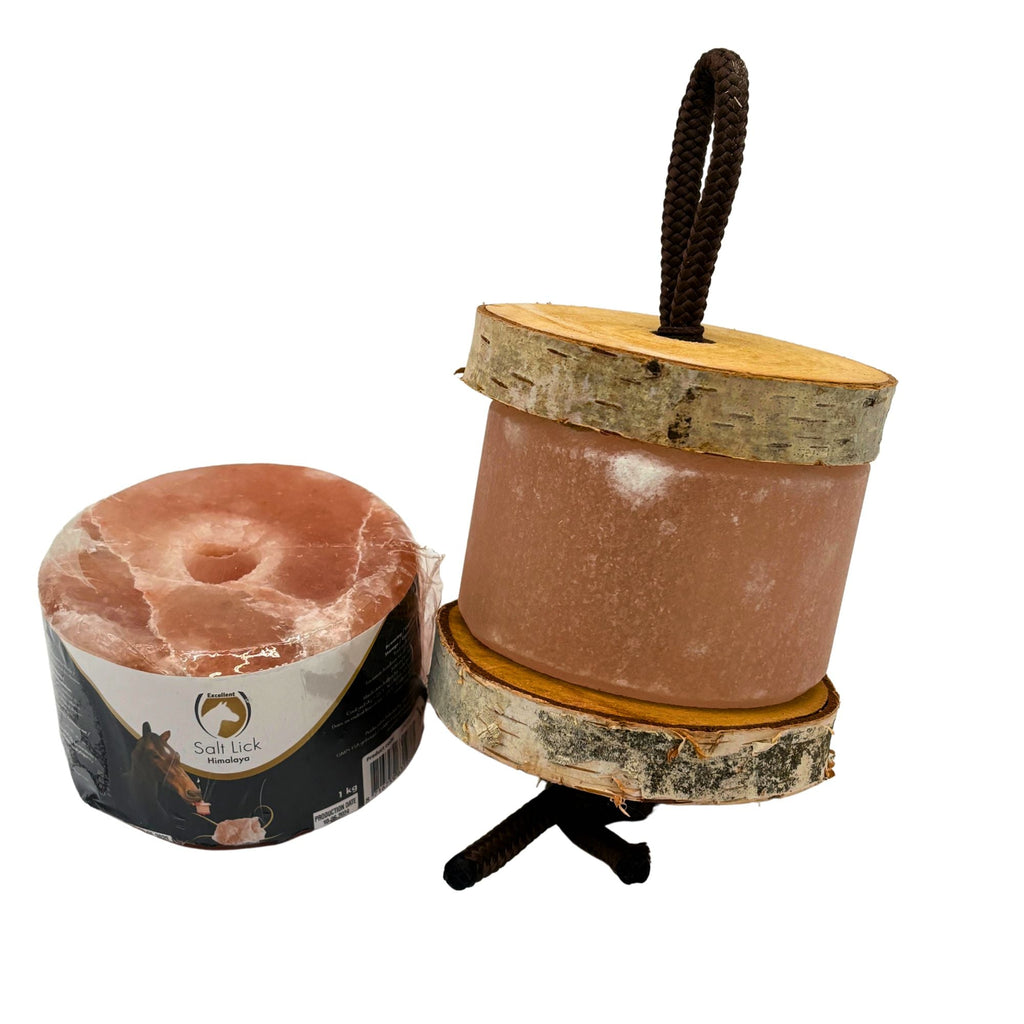 Himalaya-Leckstein Set: Halterung aus Birkenholz und 2 Himalaya Salzlecksteinen - TierVita