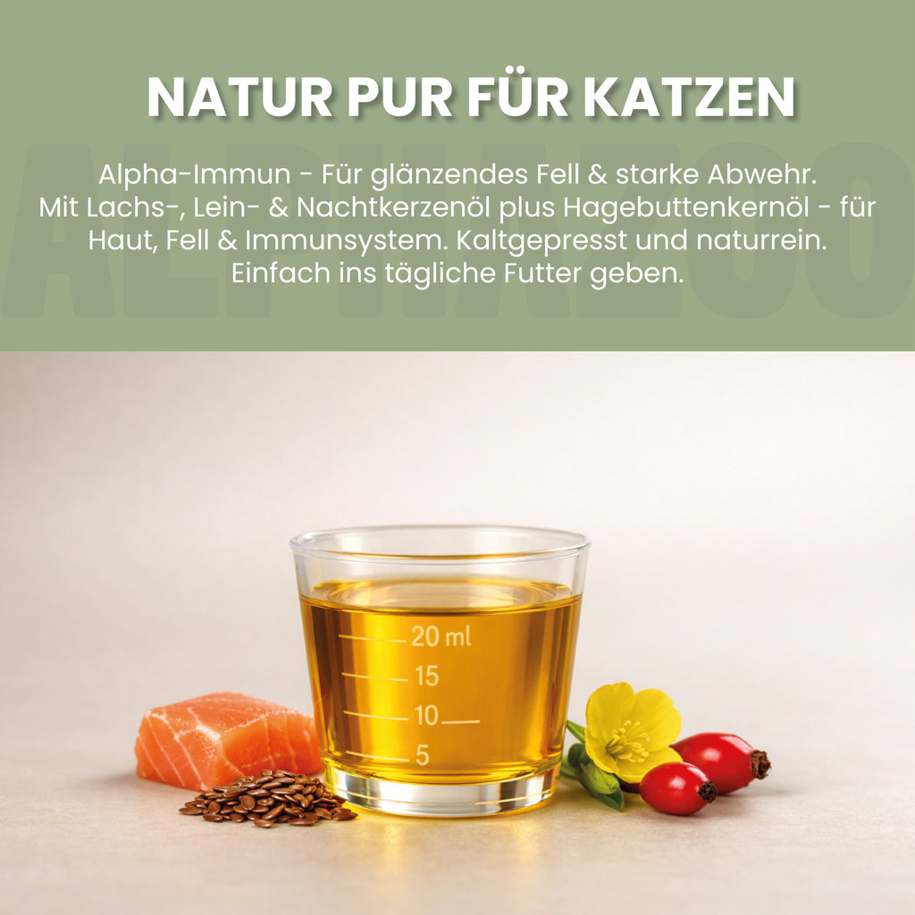 Alpha-Immun Futteröl für Katzen – Lachs, Lein, Nachtkerze & Hagebutte kaltgepresst