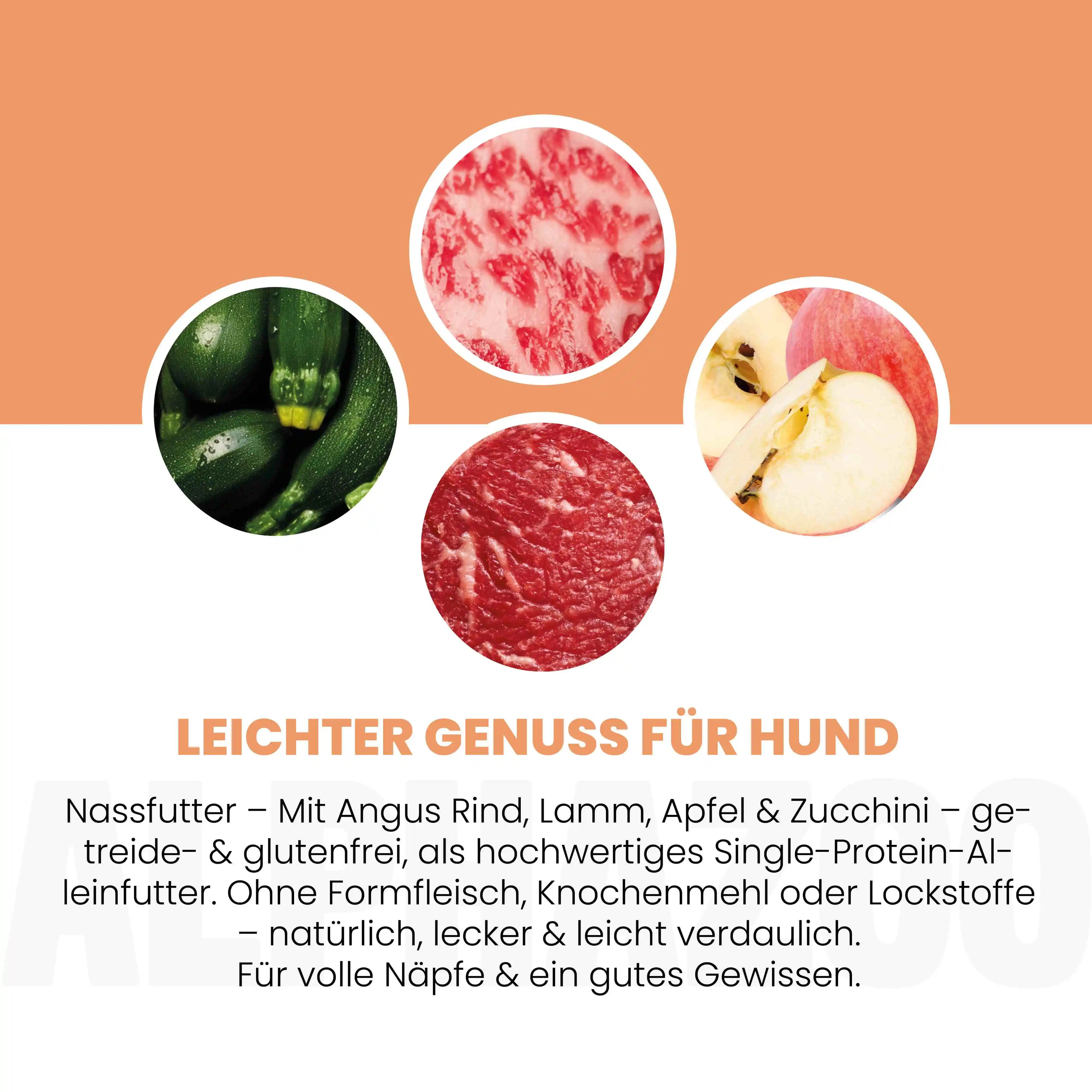 Angus Rind + Lamm Nassfutter für Hunde – 60% Fleisch, mit Leinöl, Apfel & Grünlippmuschel