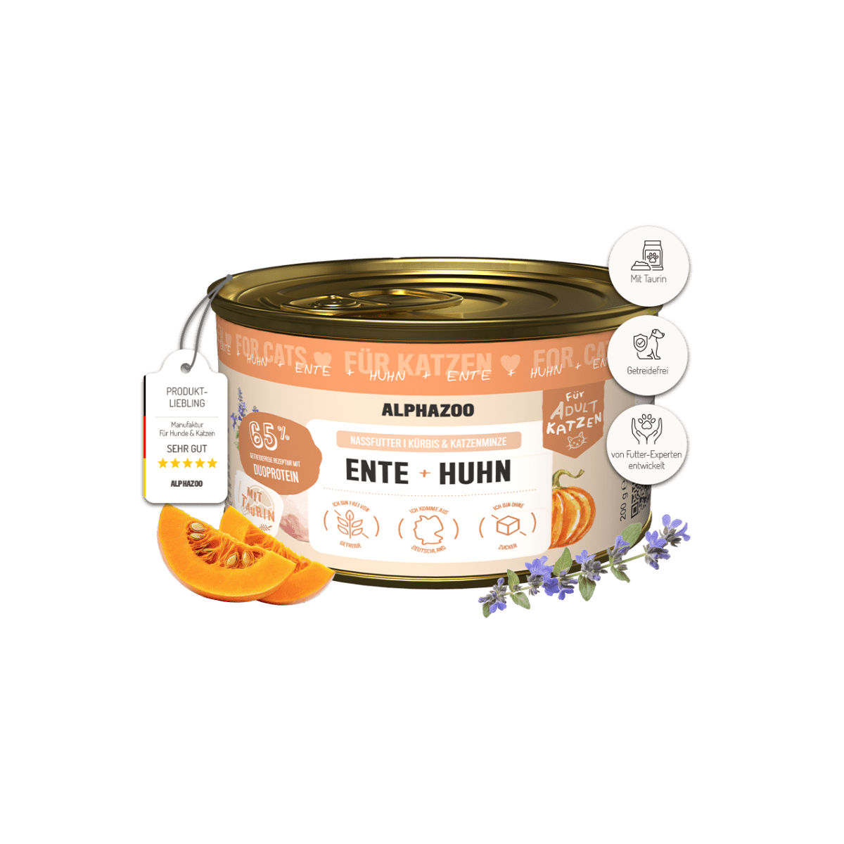 Ente + Huhn Nassfutter für Katzen – 65% Fleisch, mit Lachsöl, Kürbis & Grünlippmuschel