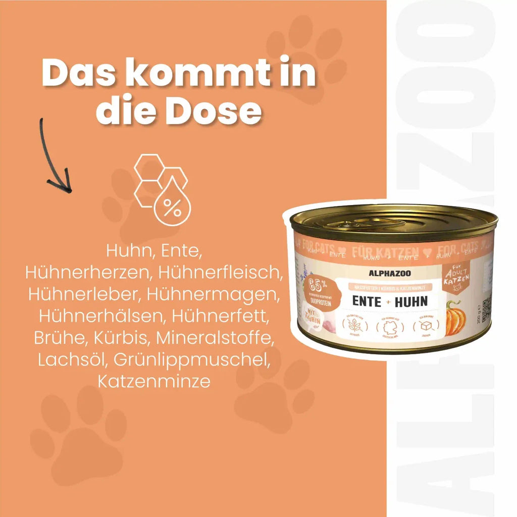 Ente + Huhn Nassfutter für Katzen – 65% Fleisch, mit Lachsöl, Kürbis & Grünlippmuschel