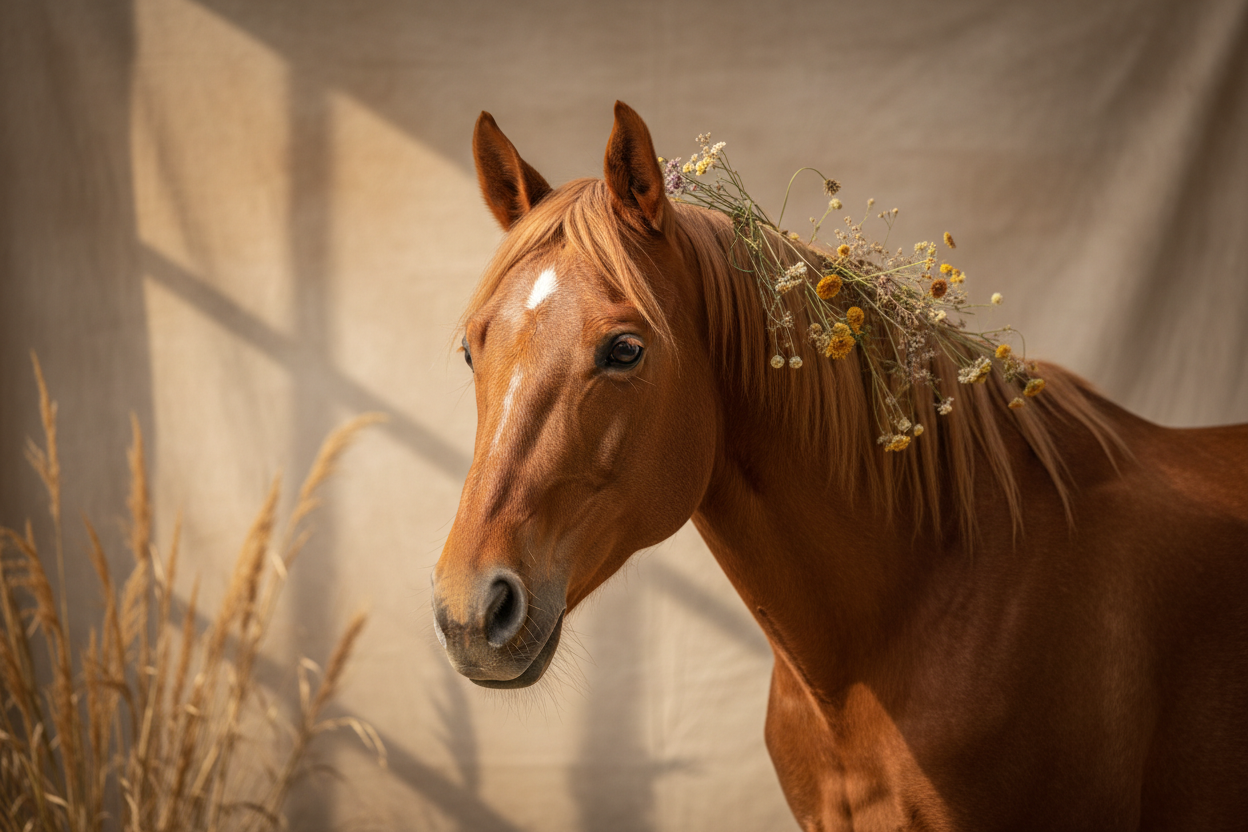erstelle pferdefoto realaistisch mit gedecktem hintergrund passen zum tiervita onlineshop (beige) es soll nicht nach Ai aussehen
