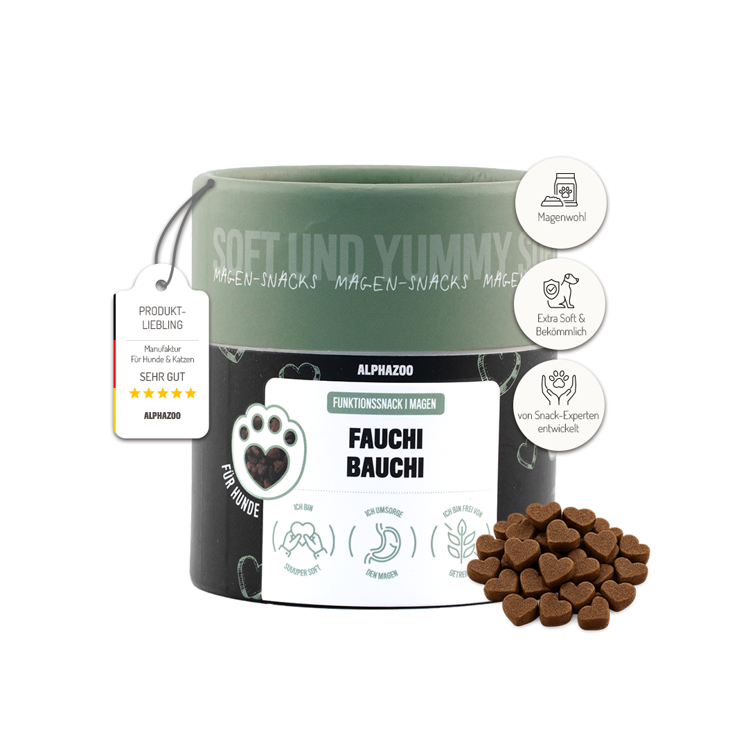 Fauchi Bauchi – Herzförmige Hundeleckerlis mit Präbiotikum, Erdnussbutter & Lachsöl