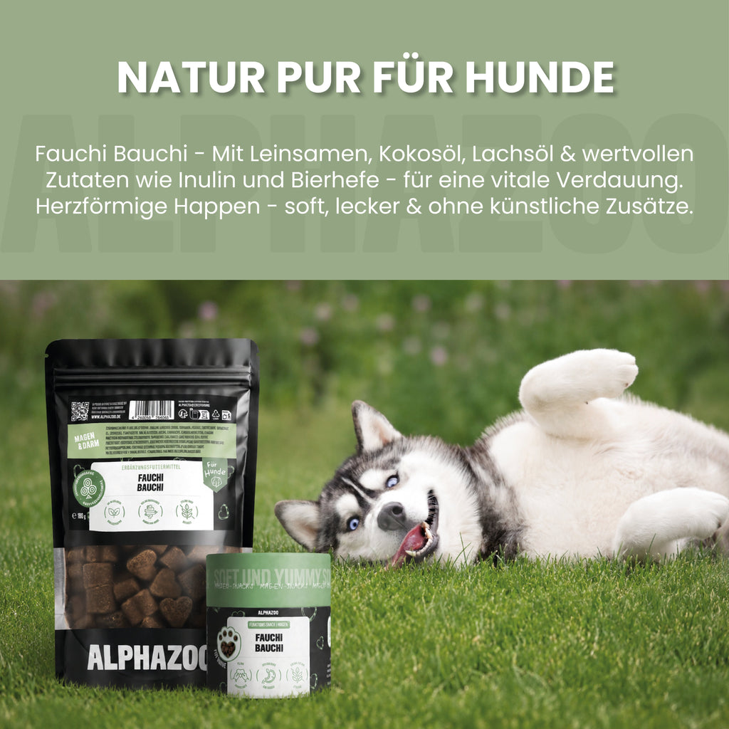 Fauchi Bauchi – Herzförmige Hundeleckerlis mit Präbiotikum, Erdnussbutter & Lachsöl