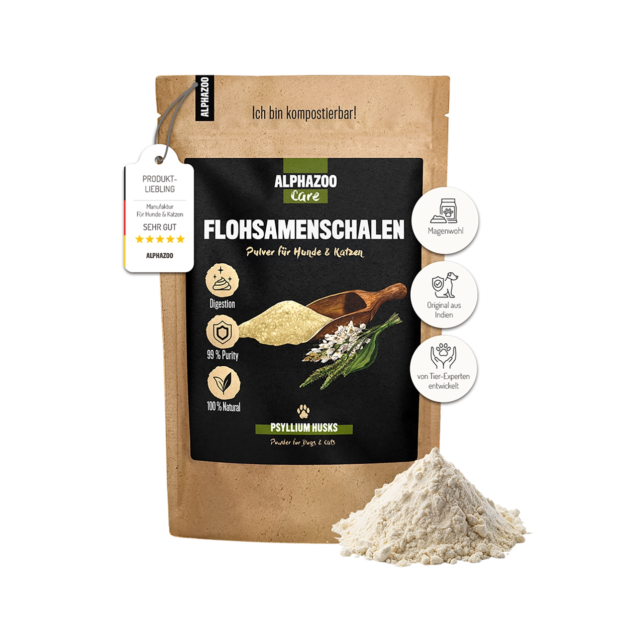 Flohsamenschalen gemahlen für Hunde & Katzen – 99% rein, glutenfrei