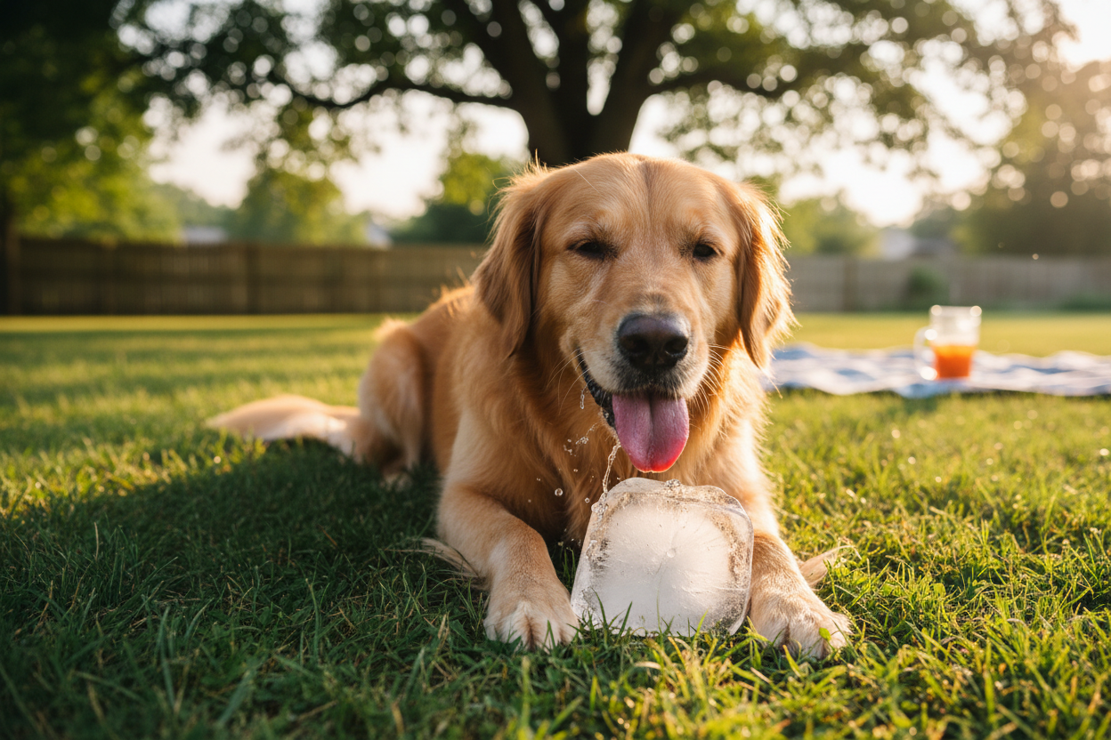 Hund leckt Eiswürfel im Sommer – CoolPets Hundeeis