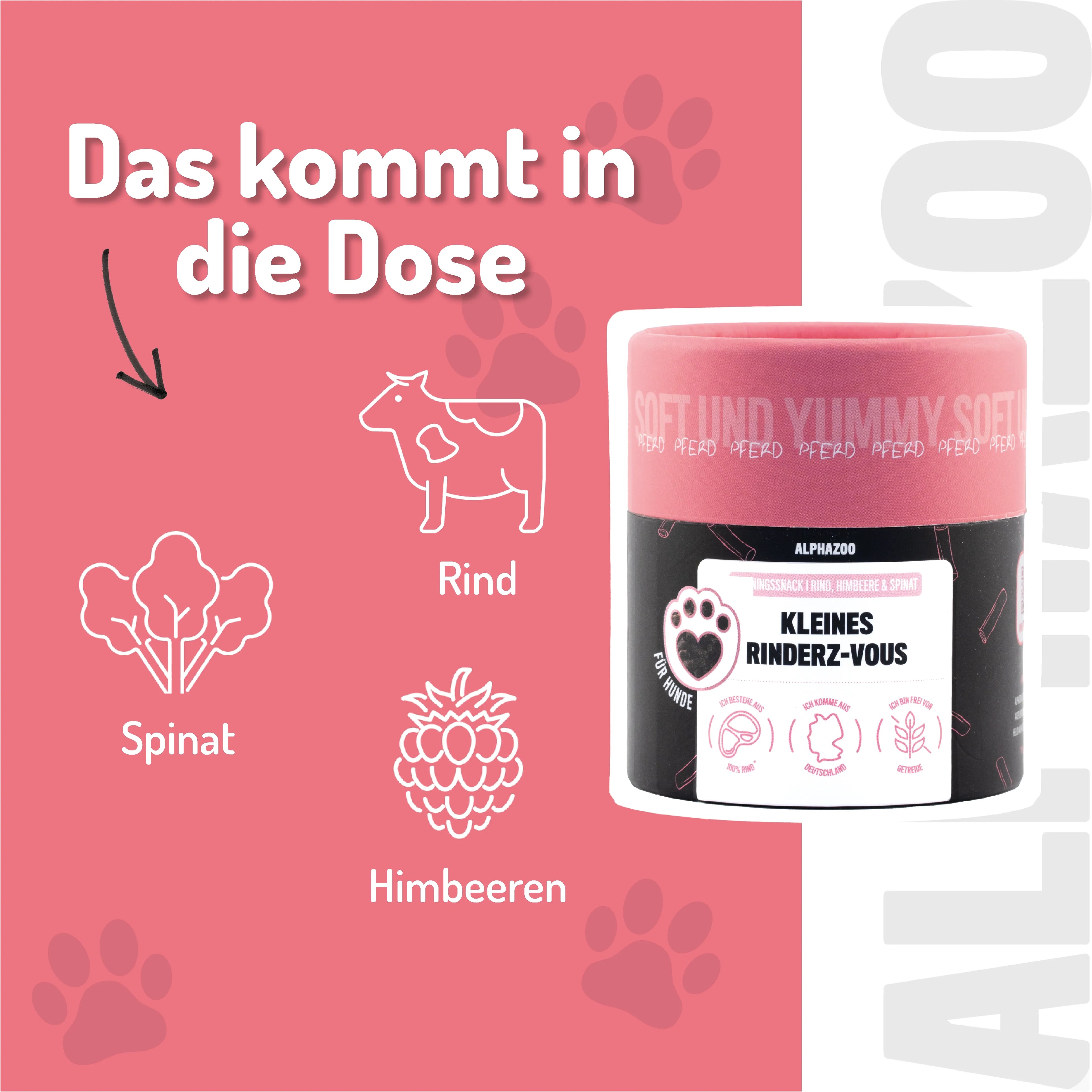 Kleines Rinderz-Vous – Softsnack für Hunde, 90% Rind mit Spinat & Himbeere, getreidefrei