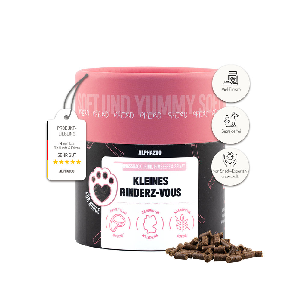 Kleines Rinderz-Vous – Softsnack für Hunde, 90% Rind mit Spinat & Himbeere, getreidefrei