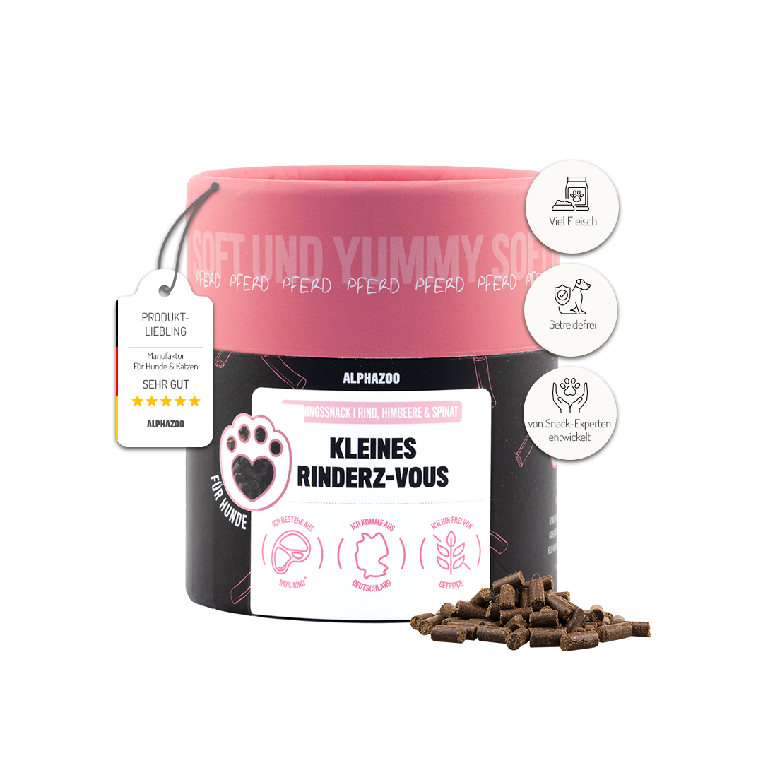 Kleines Rinderz-Vous – Softsnack für Hunde, 90% Rind mit Spinat & Himbeere, getreidefrei