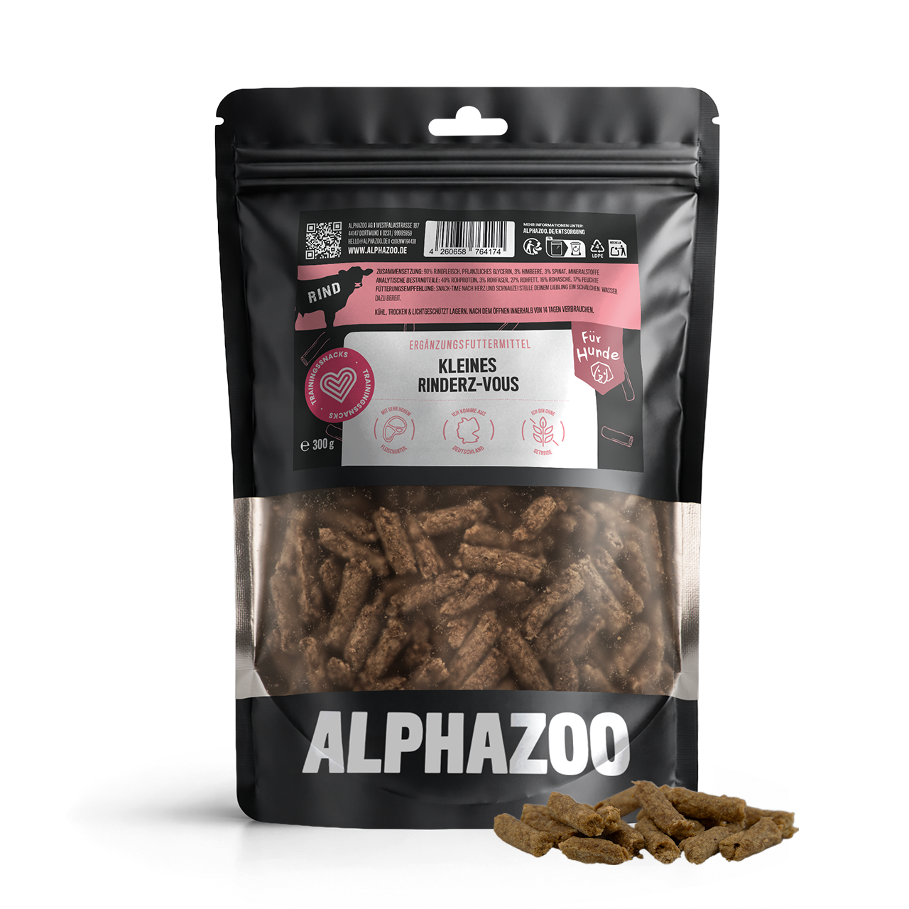 Kleines Rinderz-Vous – Softsnack für Hunde, 90% Rind mit Spinat & Himbeere, getreidefrei