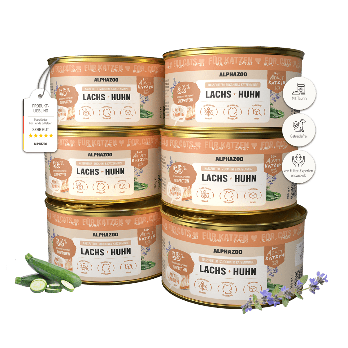 Lachs + Huhn Nassfutter für Katzen – 65% Fleisch, mit Lachsöl, Zucchini & Katzenminze