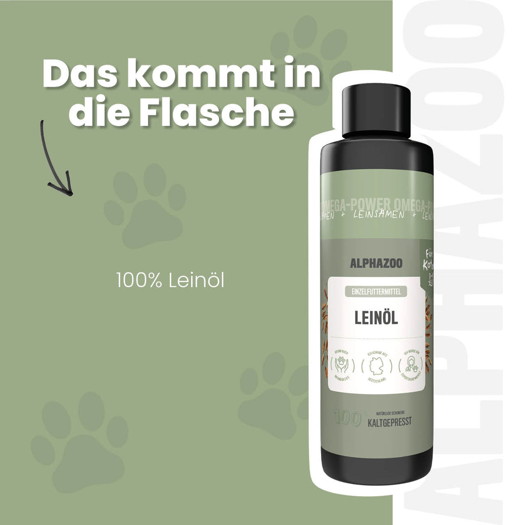 Leinöl für Katzen – kaltgepresst, 56% Omega-3, 100ml & 250ml
