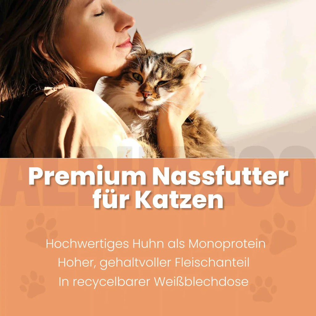 Monoprotein Huhn Nassfutter für Katzen – 65% Fleisch, mit Lachsöl, Karotten & Grünlippmuschel