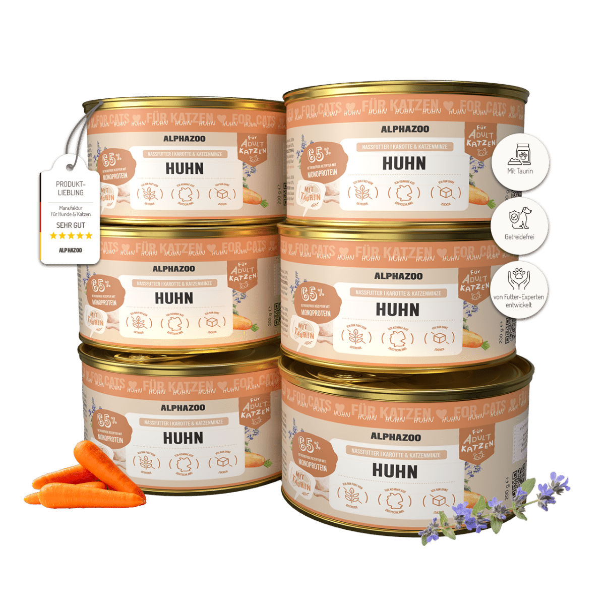 Monoprotein Huhn Nassfutter für Katzen – 65% Fleisch, mit Lachsöl, Karotten & Grünlippmuschel