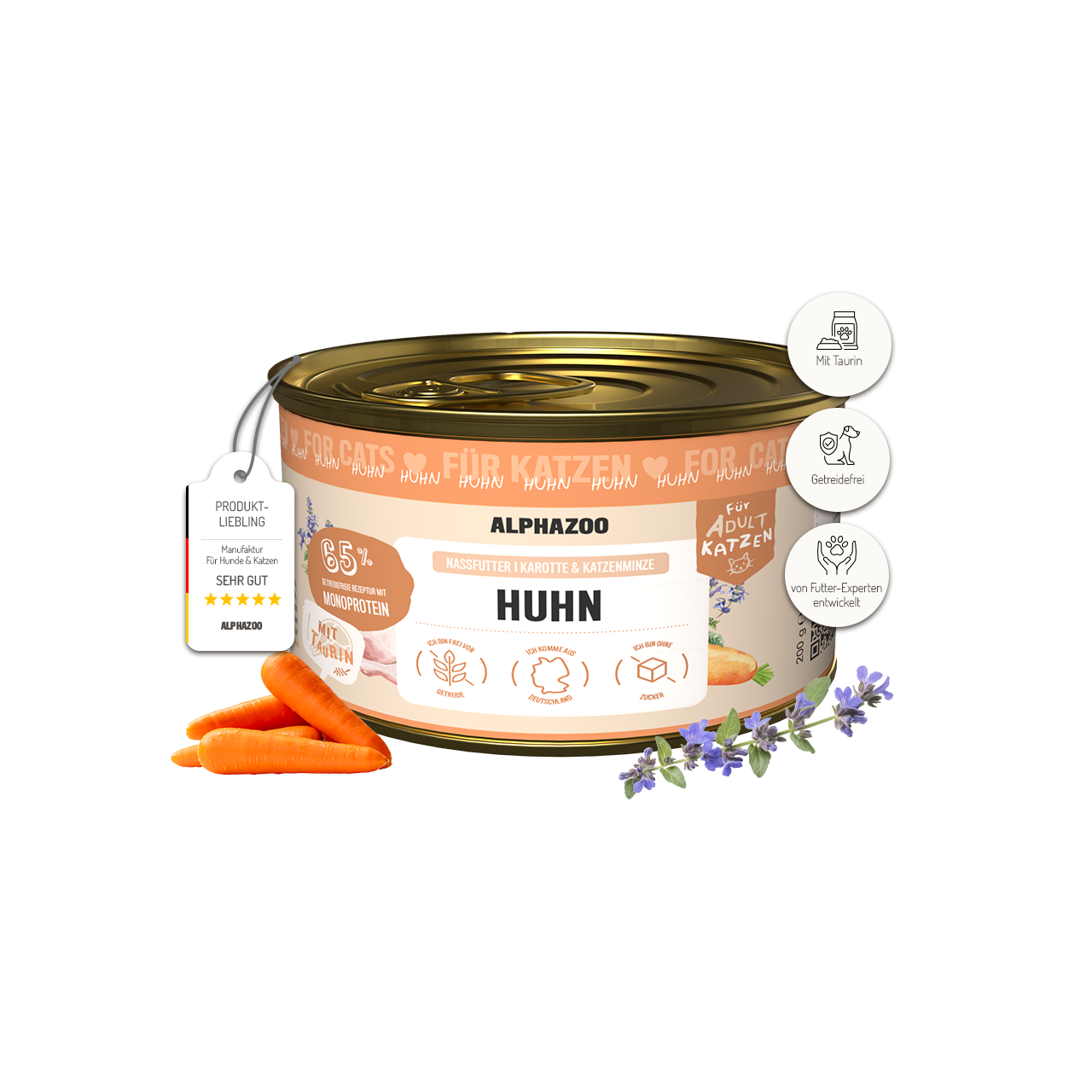 Monoprotein Huhn Nassfutter für Katzen – 65% Fleisch, mit Lachsöl, Karotten & Grünlippmuschel