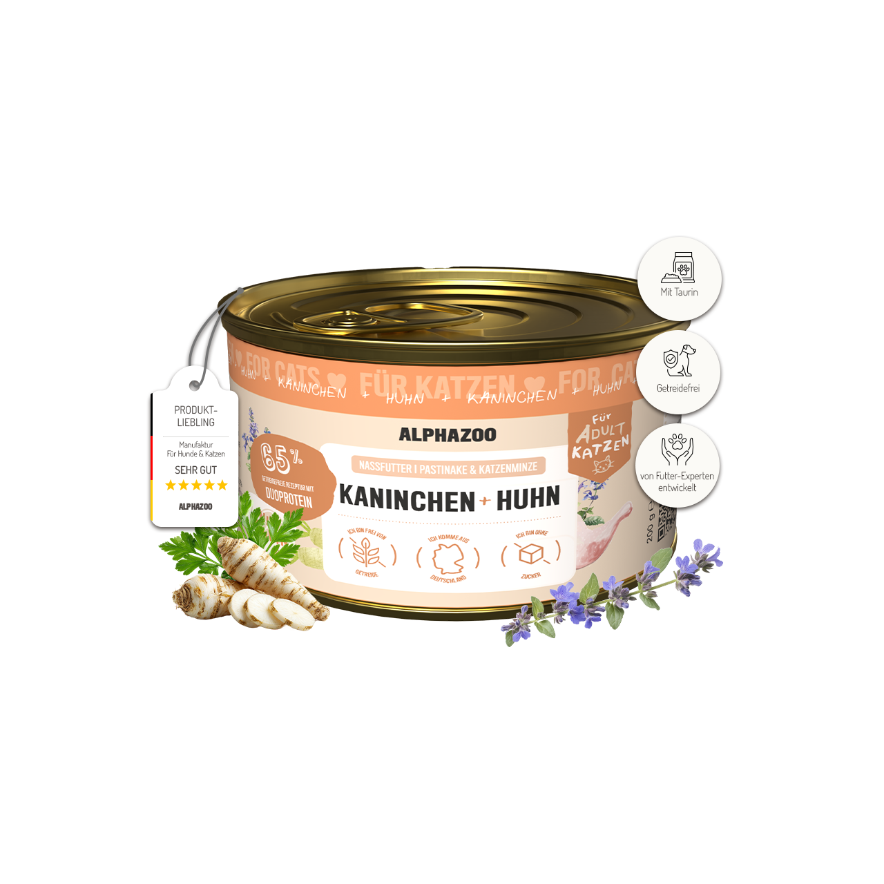 Kaninchen + Huhn Nassfutter für Katzen – 65% Fleisch, mit Lachsöl, Pastinake & Katzenminze