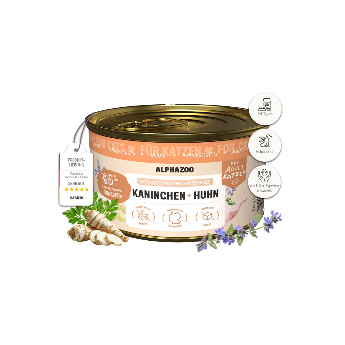 Kaninchen + Huhn Nassfutter für Katzen – 65% Fleisch, mit Lachsöl, Pastinake & Katzenminze