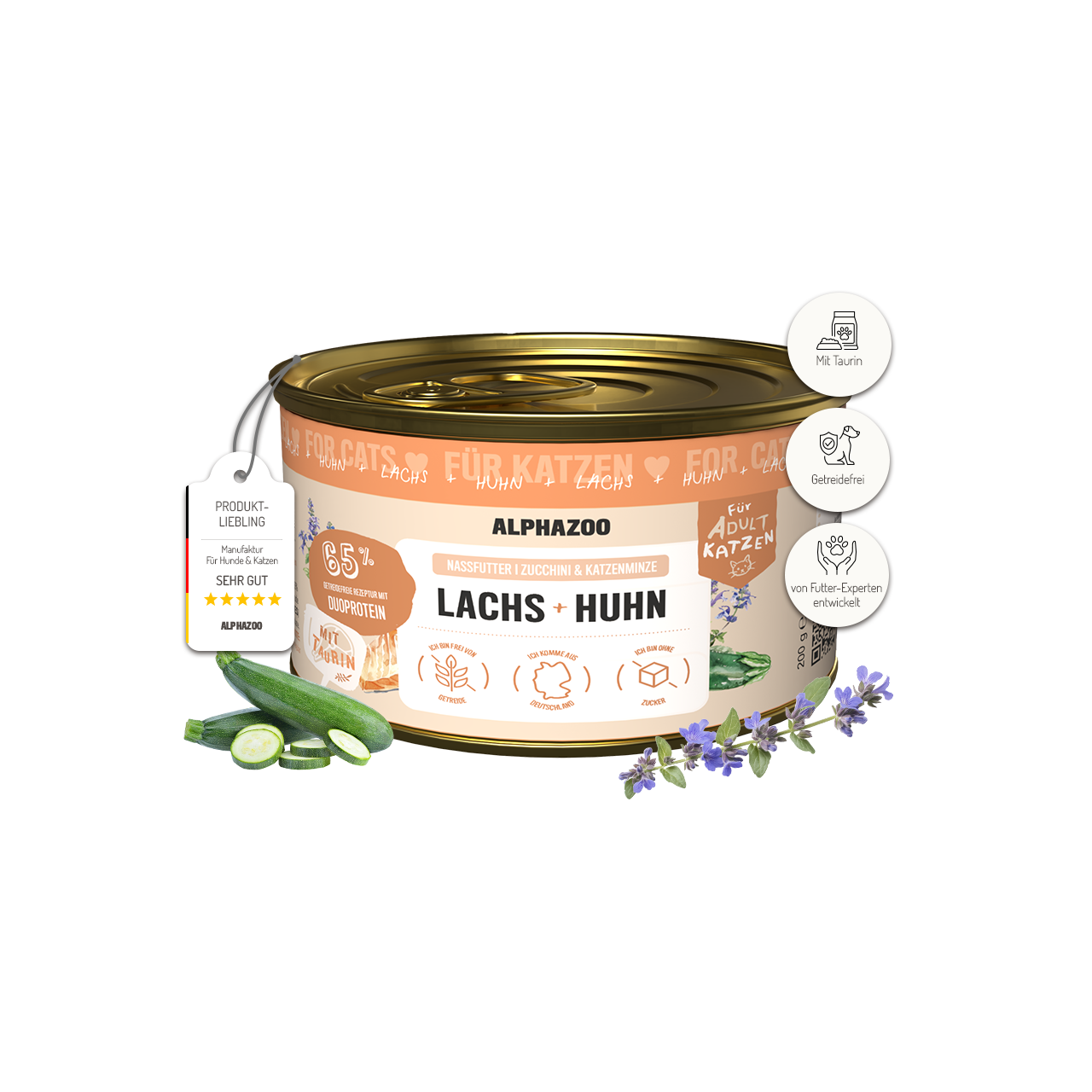 Lachs + Huhn Nassfutter für Katzen – 65% Fleisch, mit Lachsöl, Zucchini & Katzenminze