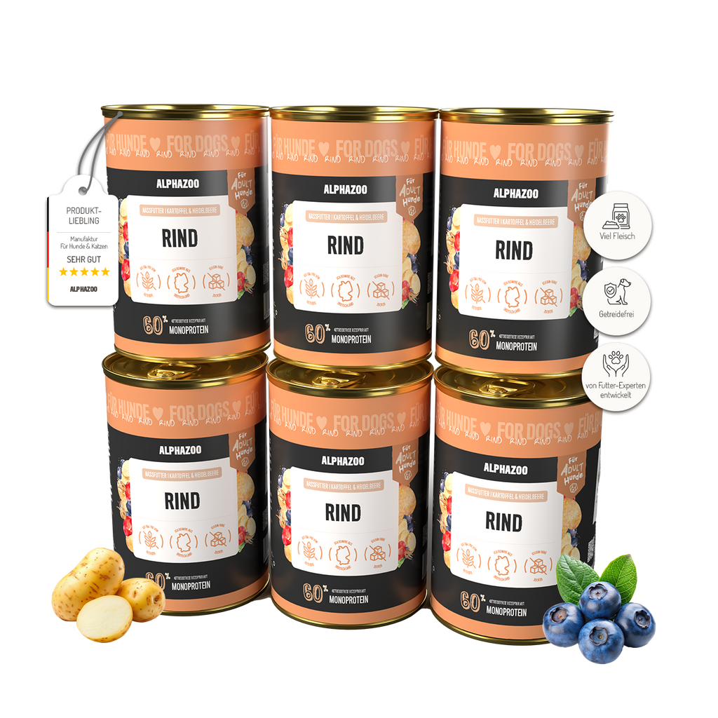 Monoprotein Rind Nassfutter für Hunde – 60% Fleisch, mit Heidelbeere, Hagebutte & Hanföl