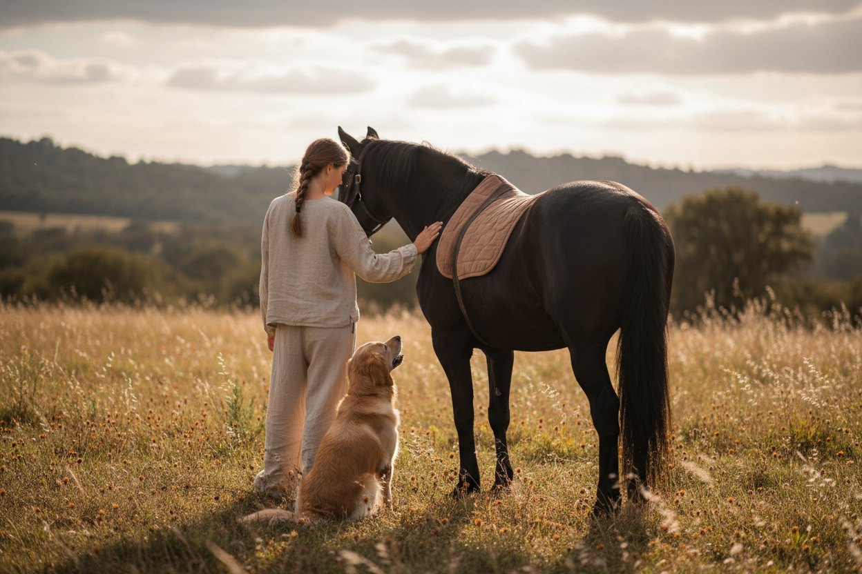 person(von hinten/seite) mit schwarzem pferd und hund in natürlicher umgebung aber beige bzw. gedeckte farben als erster slide für shop: tiervita.de soll echt und gesund aussehen