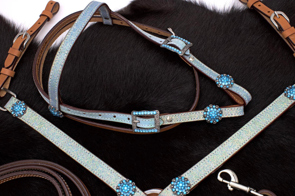 Pony Glitzer Westernset, Kopfstück und Vorderzeug, türkis, Strass,