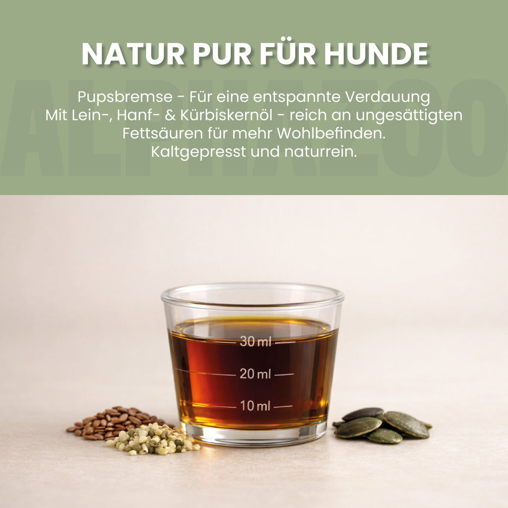 Pupsbremse Futteröl für Hunde – Lein, Hanf & Kürbiskern kaltgepresst